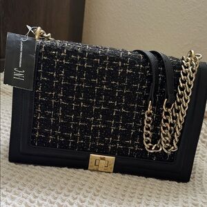 INC International Concepts Black and Gold Tweed Shoulder Bag
